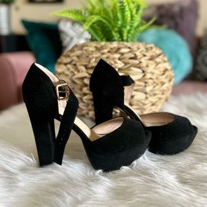 Black, Suede, Platform Heels With Ankle Strap